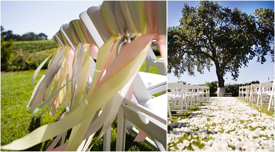 wedding day details at Zenaida Cellars, ribbons on chairs, married under oak tree at Zenaida Cellars