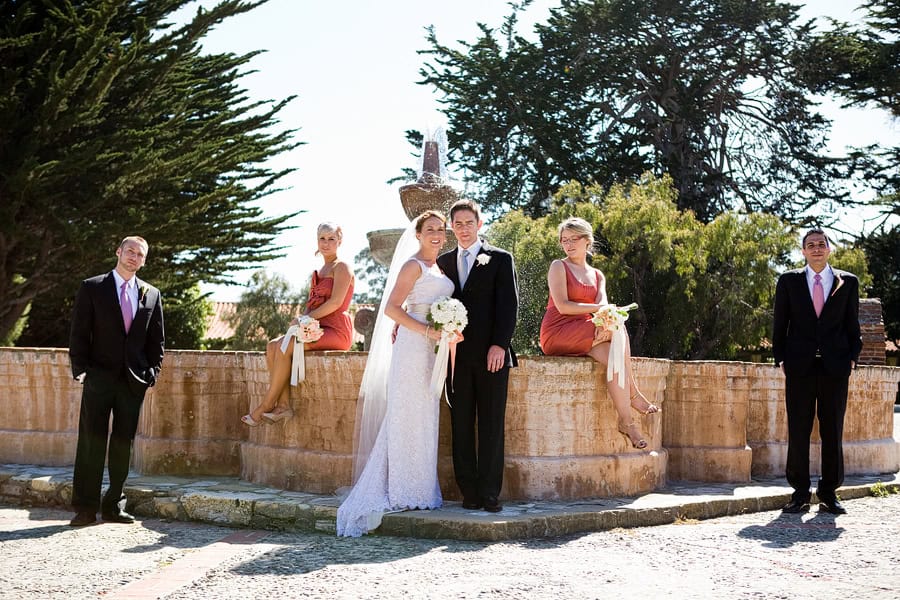 Carmel mission, Carmel mission wedding, Carmel mission wedding photographer, bridal party in the courtyard of the Carmel Mission, Carmel wedding photographer