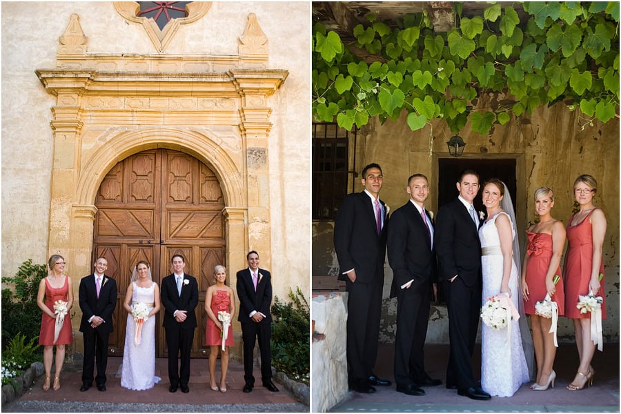 Carmel mission, Carmel mission wedding, Carmel mission wedding photographer, bridal party in the courtyard of the Carmel Mission, Carmel wedding photographer
