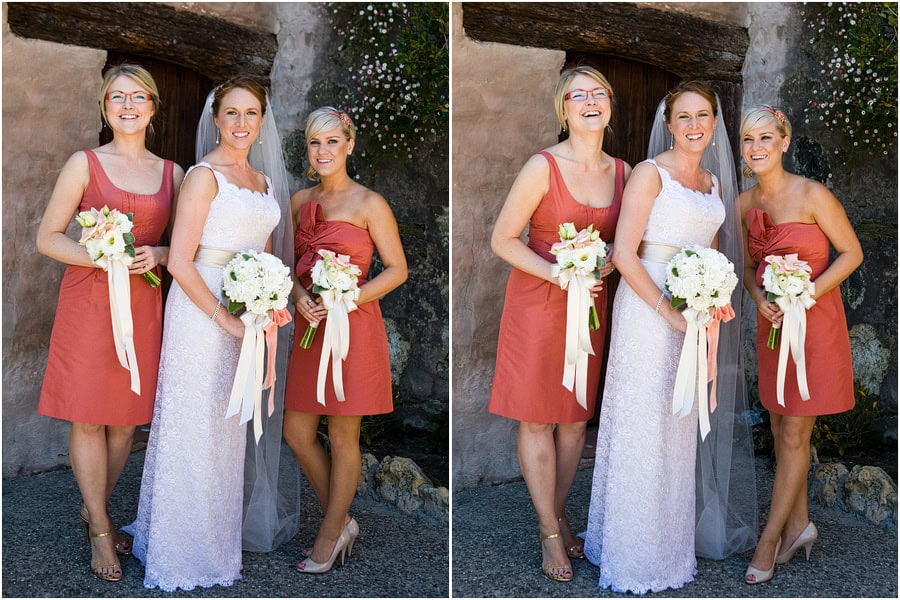 Carmel mission wedding photography, Carmel mission wedding, coral bridesmaids dresses, bridal party pictures at the Carmel mission