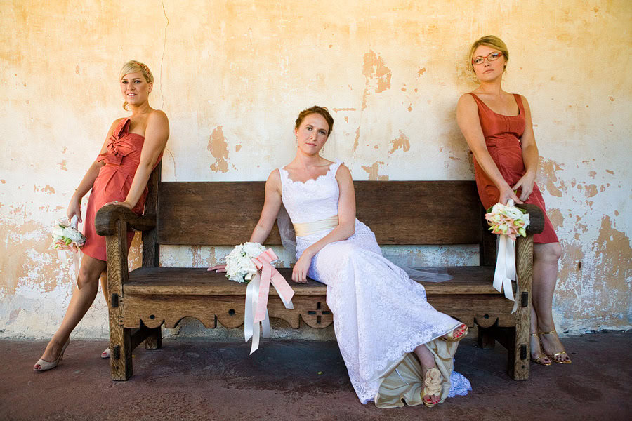 Carmel mission wedding photography, Carmel mission wedding, coral bridesmaids dresses, bridal party pictures at the Carmel mission