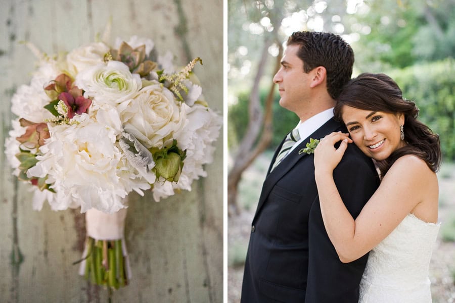 The gorgeous bride holding her groom along side her soft white bridal bouquet