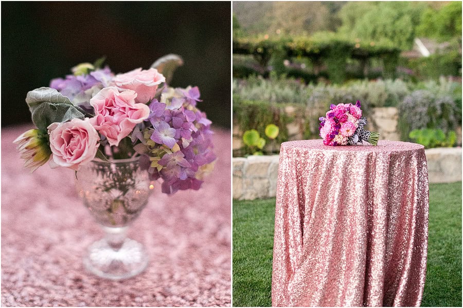 cocktail table with pink sequin tablecloth