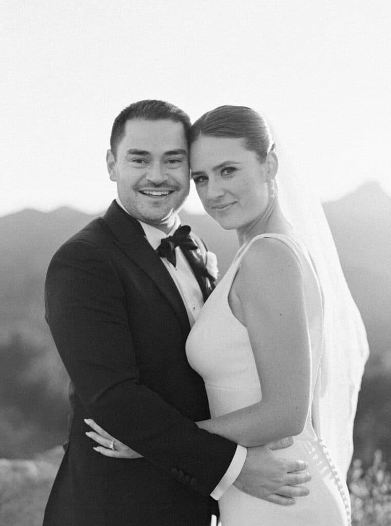 A classic black and white portrait of the bride and groom at Cielo Farms, capturing a timeless and elegant moment of their wedding day.