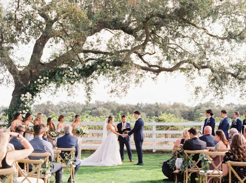 The bride, groom, and their bridal party stand under a sprawling ceremony tree at a private estate wedding in Lodi, CA, as guests look on.