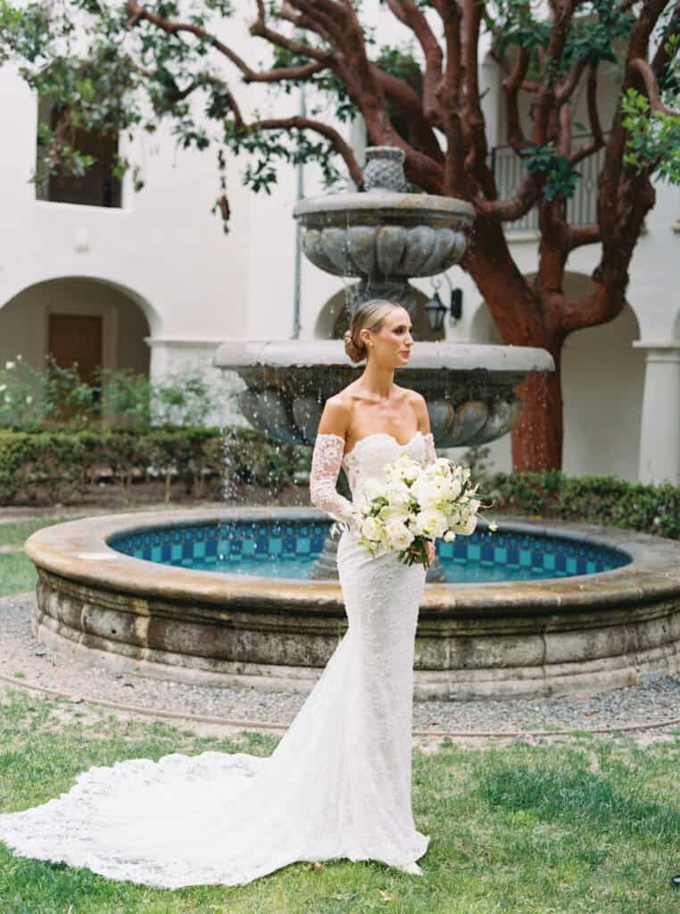 Stunning bridal portrait of Megan, radiating elegance and beauty in her wedding gown at the Ritz Carlton Bacara Resort in Santa Barbara, captured by Jen Rodriguez Photography.